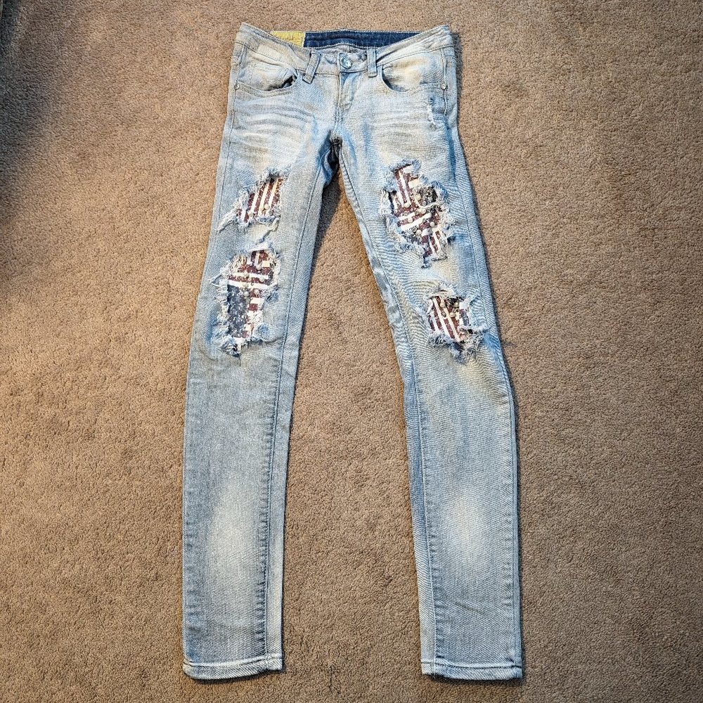 Machine Nouvelle Mode Size 26 Distressed American Flag Beaded Bedazzled Jeans